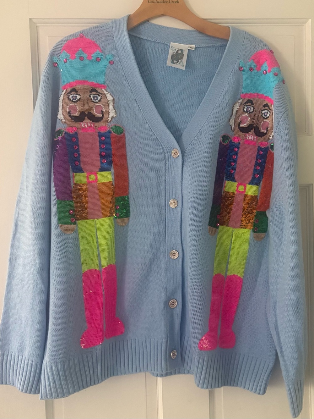 Queen of Sparkles Powder Blue Nutcracker Cardigan Sequin Vibrant X-Large